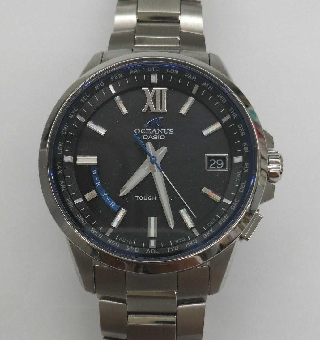 CASIO Oceanus OCW-T150-1AJF titanium men's Tough Solar wristwatch: CASIO Oceanus OCW-T150-1AJF titanium men's Tough Solar wristwatch Pre-owned men's CASIO OCEANUS 3-hand wristwatch, model OCW-T150-1AJF, made in Japan. It features a titanium case and band, Tough Solar
