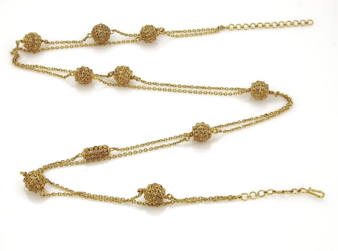 Vintage Estate 18k Yellow Gold Ball Station Necklace with Rose Cut Champagne Diamonds: Vintage Estate 18k Yellow Gold Ball Station Necklace with Rose Cut Champagne Diamonds This vintage estate necklace is crafted in solid 18k yellow gold and features an elegant ball station chain accent