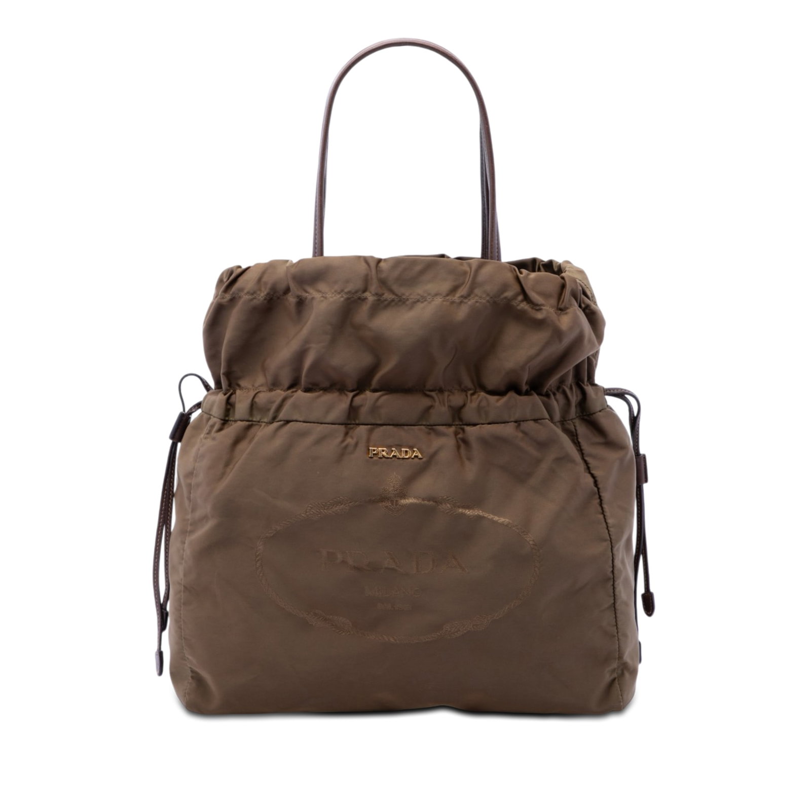 Prada Tessuto Drawstring Tote Bag Brown Nylon and Leather: Prada Tessuto Drawstring Tote Bag Brown Nylon and Leather This Prada Tessuto Logo Drawstring Tote is a brown tote bag made in Italy. It features a nylon body, flat leather straps, an open top with sna