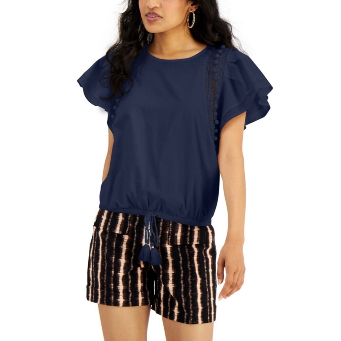 INC Flutter Sleeve Tassel Tie Blouse in Indigo Sea Women's L: INC Flutter Sleeve Tassel Tie Blouse in Indigo Sea Women's L Elevate your wardrobe with this INC International Concepts Flutter Sleeve Tassel Tie Front Top in a vibrant Indigo Sea color. This beautifu