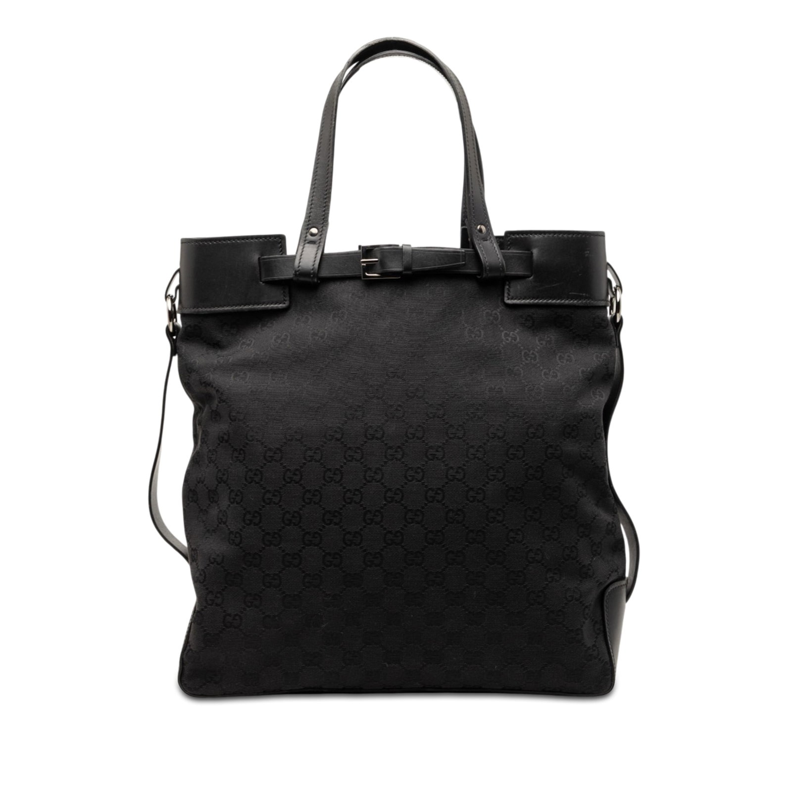 Gucci black GG canvas open top tote bag: Gucci black GG canvas open top tote bag This Gucci GG Canvas Tote features a durable canvas body with leather trim and flat leather handles. The bag has an open top for easy access and includes an int