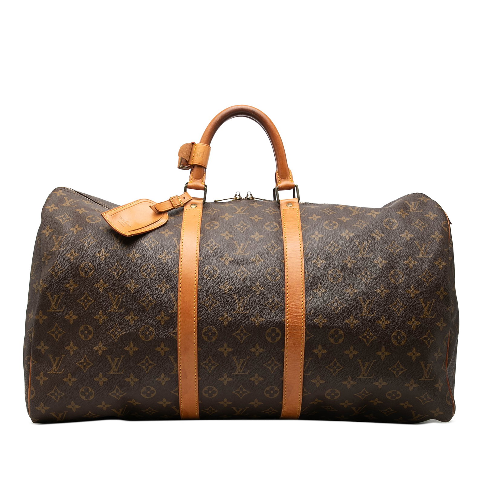 Louis Vuitton Keepall 55 Monogram Canvas Travel Bag: Louis Vuitton Keepall 55 Monogram Canvas Travel Bag Louis Vuitton Monogram Keepall 55 bag with a monogram canvas body, vachetta leather trim, rolled vachetta leather handles, and a top zip closure. It