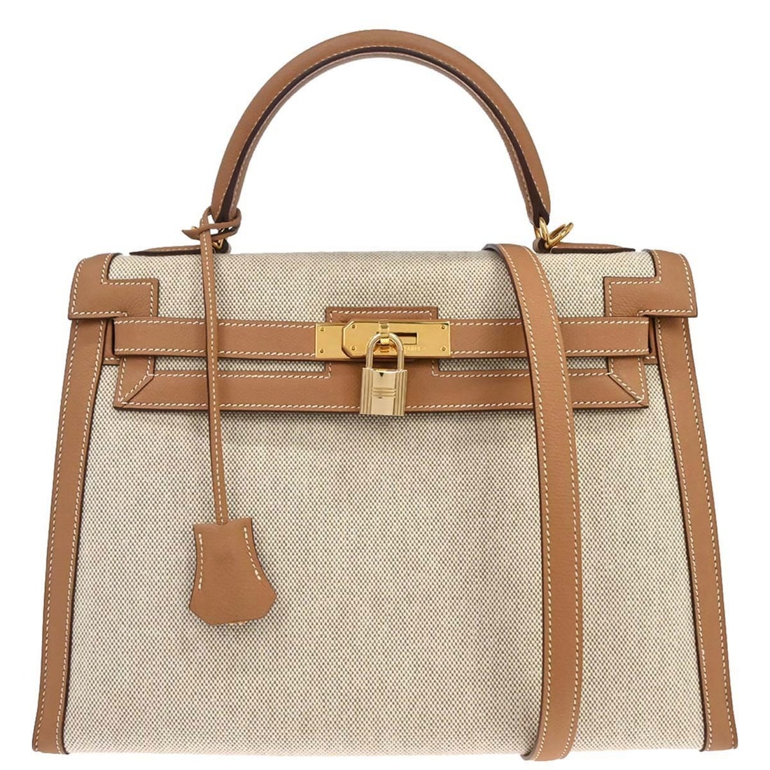Hermes Kelly 32 Sellier 2way Top Handle Bag Toile H Epsom: Hermes Kelly 32 Sellier 2way Top Handle Bag Toile H Epsom Hermes Kelly 32 Sellier 2way handbag in Natural Toile H and Epsom leather. This structured top handle design features a turn-lock closure, gol