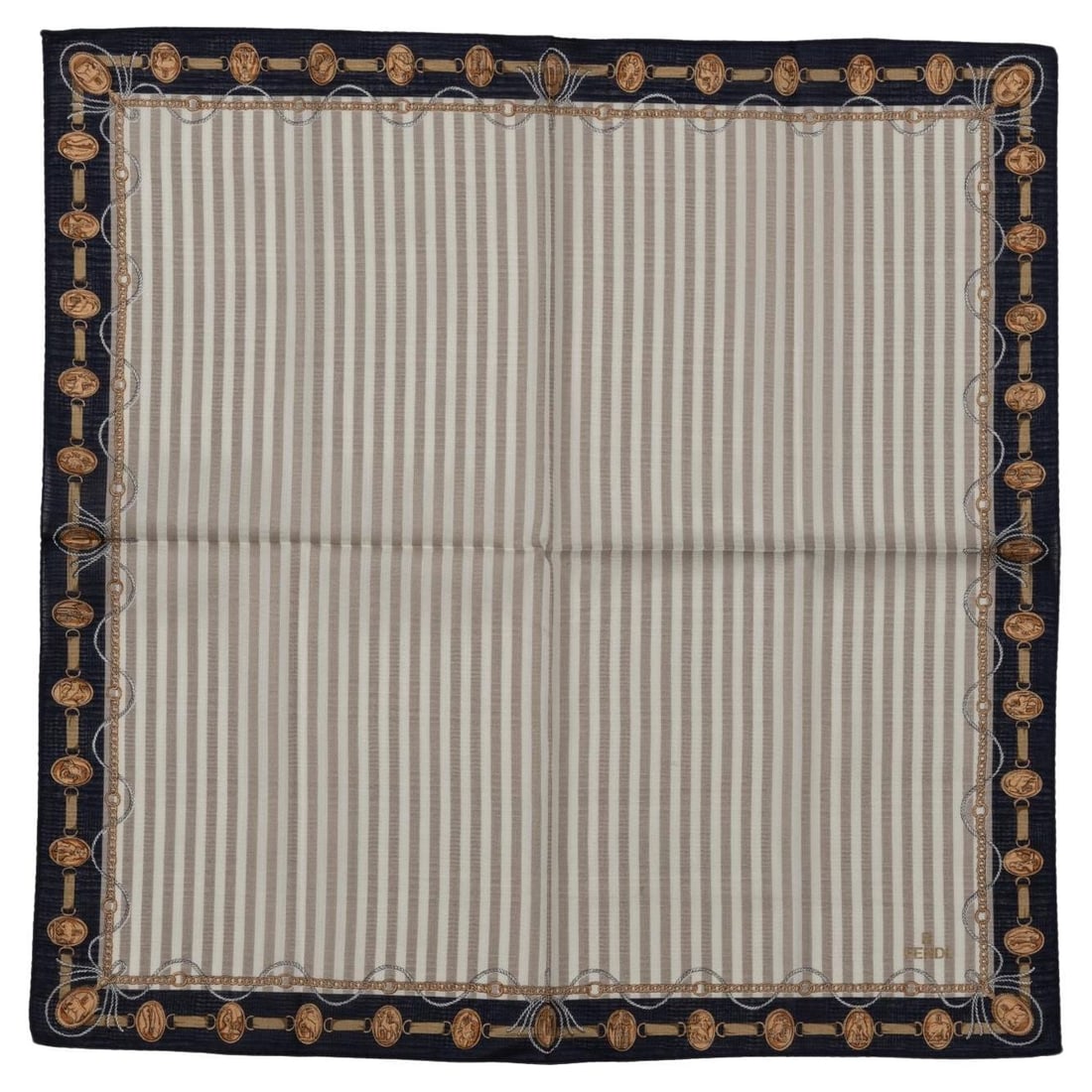 Fendi New Striped Logo Cotton Gavroche with Coin Design: Fendi New Striped Logo Cotton Gavroche with Coin Design Introducing the Fendi New Striped Logo Cotton Gavroche, a stylish accessory perfect for elevating your outfit. This unique piece features a stri