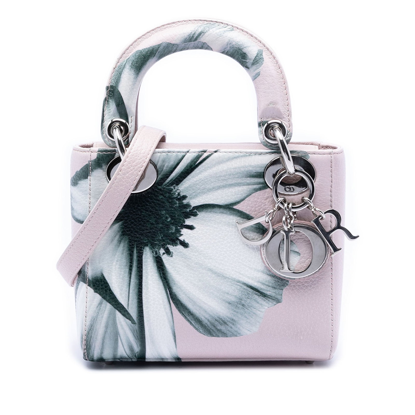 Dior Mini Lady Bag Pink Deerskin with Floral Print and Shoulder Strap: Dior Mini Lady Bag Pink Deerskin with Floral Print and Shoulder Strap This Mini Lady Dior handbag features a pink floral printed deerskin leather body with flat top handles and a detachable flat leath