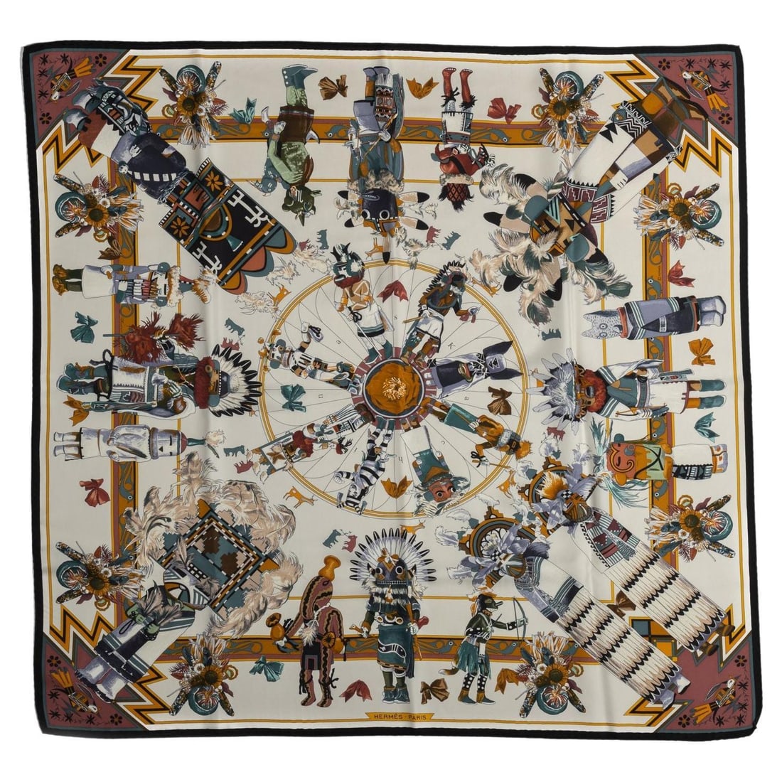 Hermes Kachinas Silk Scarf by Kermit Oliver NIB France: Hermes Kachinas Silk Scarf by Kermit Oliver NIB France Discover the exquisite Hermes Kachinas Silk Scarf, a rare masterpiece by renowned artist Kermit Oliver. This luxurious scarf features a striking 