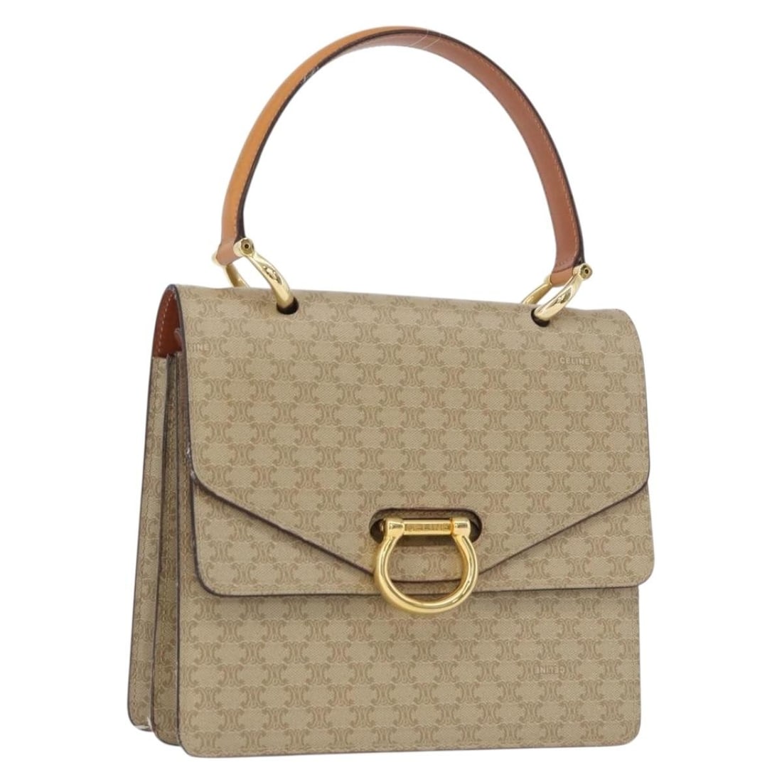CELINE Macadam PVC Canvas Beige Handbag Gold Tone Italy: CELINE Macadam PVC Canvas Beige Handbag Gold Tone Italy A CELINE Macadam canvas handbag in beige and gold, made from PVC leather and Macadam canvas. It features a structured hand bag style and was mad