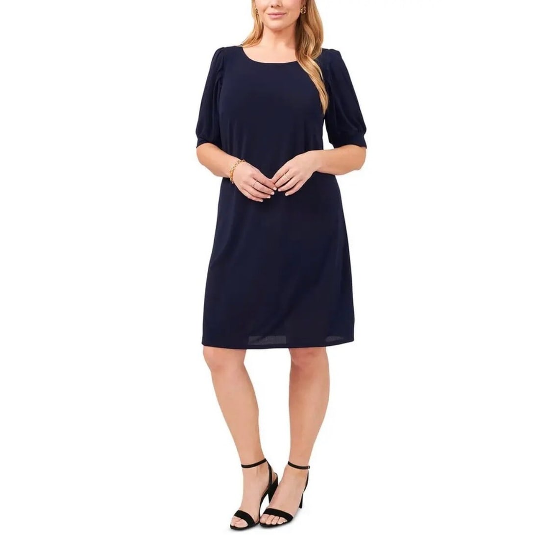 MSK Plus Size Navy Blue Puff Sleeve Knee-Length Sheath Dress 2X: MSK Plus Size Navy Blue Puff Sleeve Knee-Length Sheath Dress 2X Elevate your wardrobe with this chic MSK Plus Size Puff Sleeve Knee-Length Sheath Dress in Navy Blue. Designed for versatility, this dre