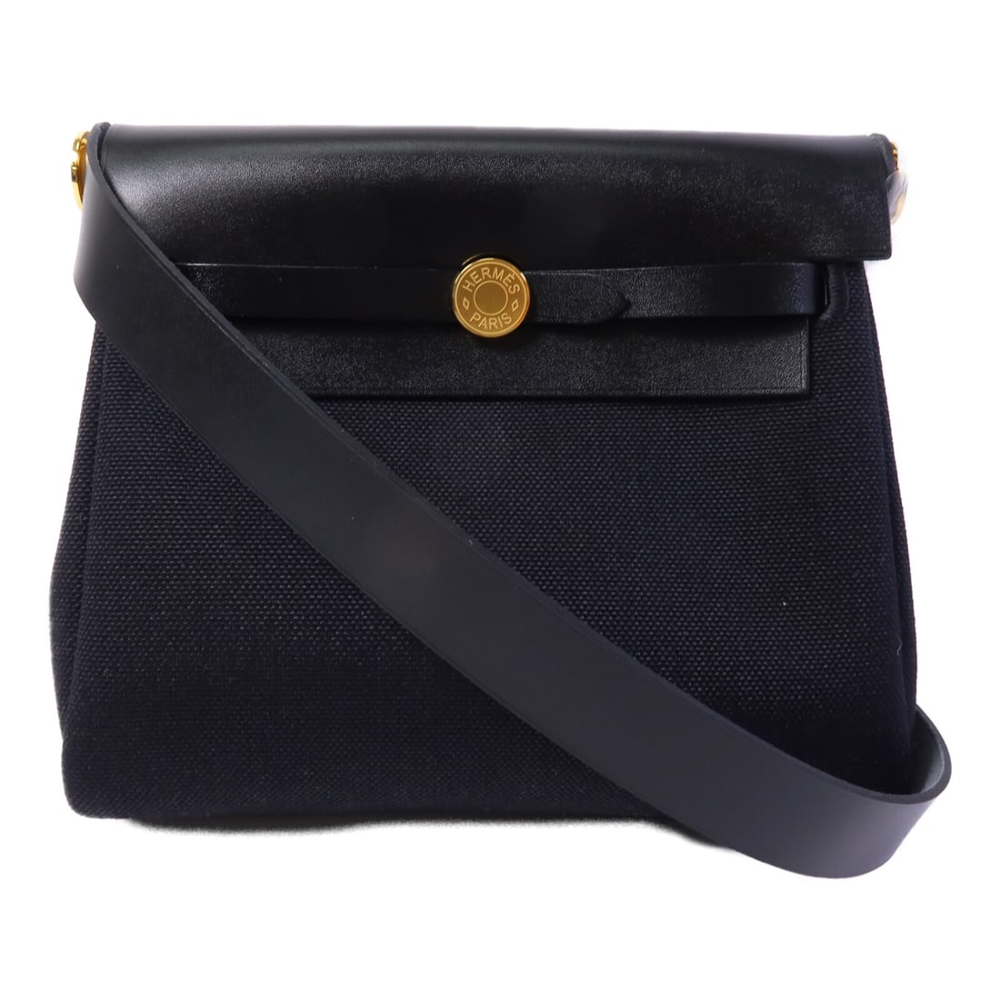 Hermes Mini Herbag Canvas Shoulder Bag Noir Black GHW: Hermes Mini Herbag Canvas Shoulder Bag Noir Black GHW Hermes Mini Herbag shoulder bag in canvas with a Noir Black x Black x Black colorway. It features belt hardware, one outside/inside zip pocket, an