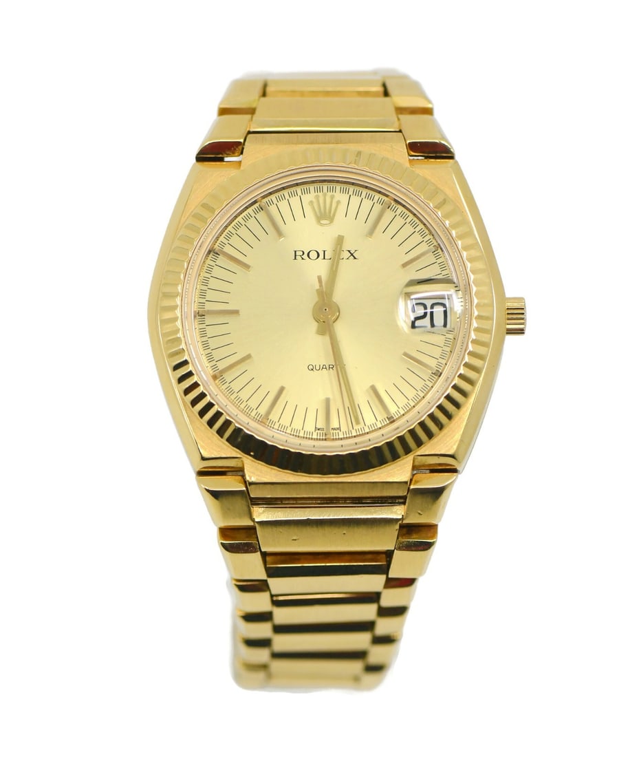 Rolex Oysterquartz ref 5100 8 18K yellow gold wristwatch: Rolex Oysterquartz ref 5100 8 18K yellow gold wristwatch Pre-owned Rolex Oysterquartz wristwatch in 18K yellow gold with a quartz movement and analog display. This vintage men's watch features a gold 