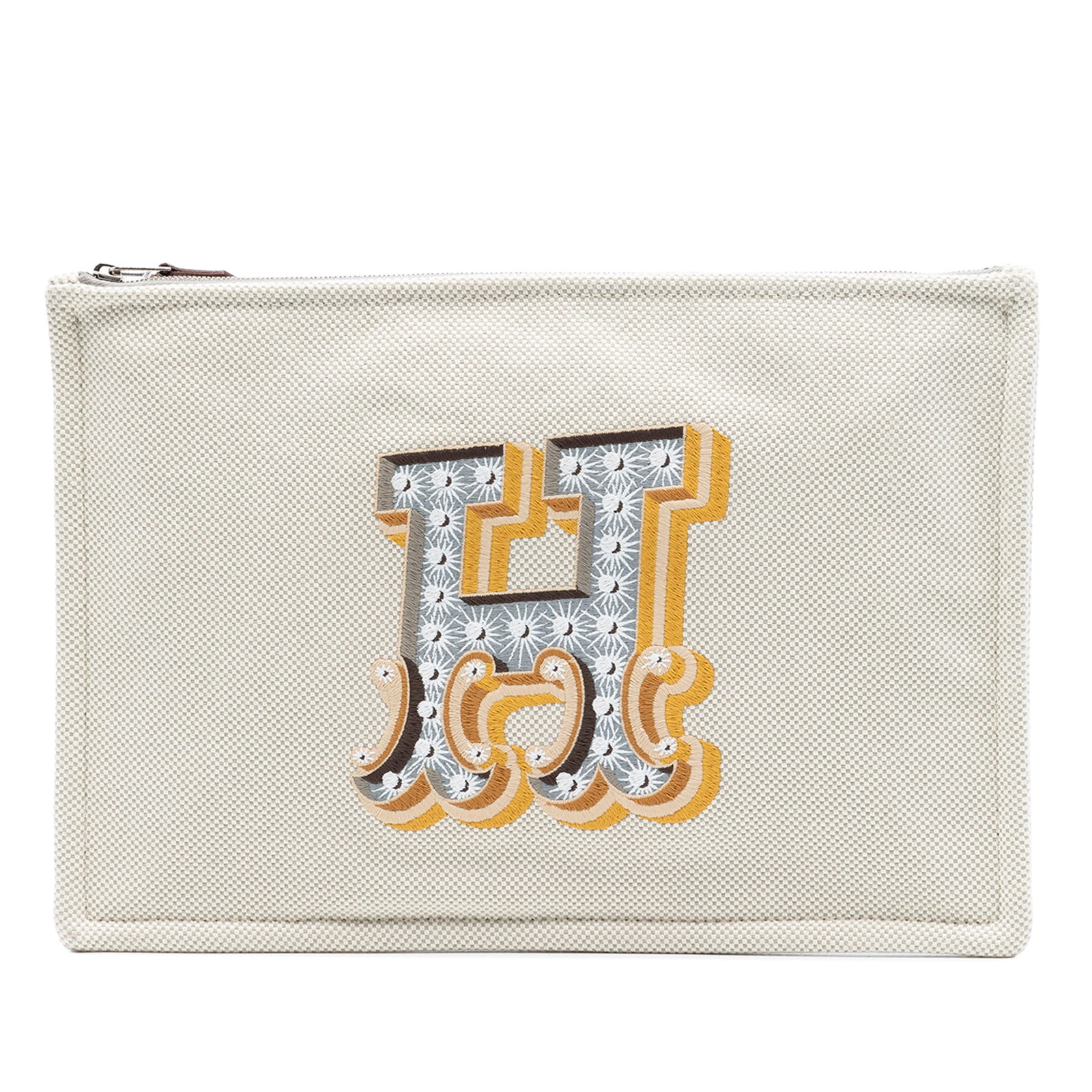Hermes Electrique embroidered canvas clutch flat case: Hermes Electrique embroidered canvas clutch flat case This clutch bag features a canvas body with distinctive Hermes Electrique embroidery on the front and is secured with a top zip closure. The bag i