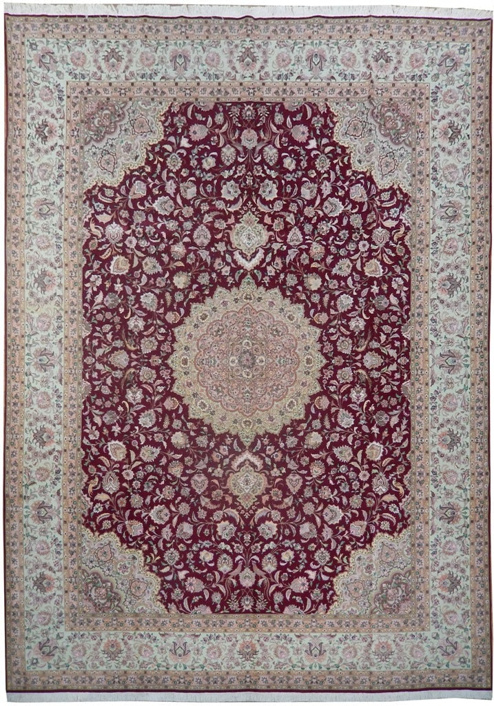 Persian Tabriz Rug 9.9 x 13.7 Handmade Iran Wool Silk 400 KPSI: Persian Tabriz Rug 9.9 x 13.7 Handmade Iran Wool Silk 400 KPSI Free continental US Shipping This authentic Persian Tabriz rug is hand-knotted in Iran and showcases a high-density weave of 400 knots pe