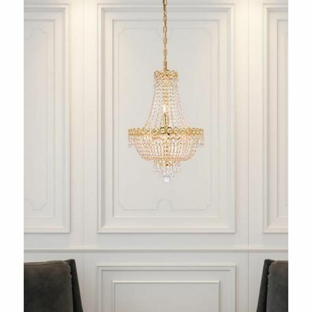 Century Royal Cut Crystal 8 Light Gold Chandelier: Century Royal Cut Crystal 8 Light Gold Chandelier This French Empire style chandelier features a gold finish frame adorned with high-quality Royal Cut crystals. Designed for modern interiors, it inclu