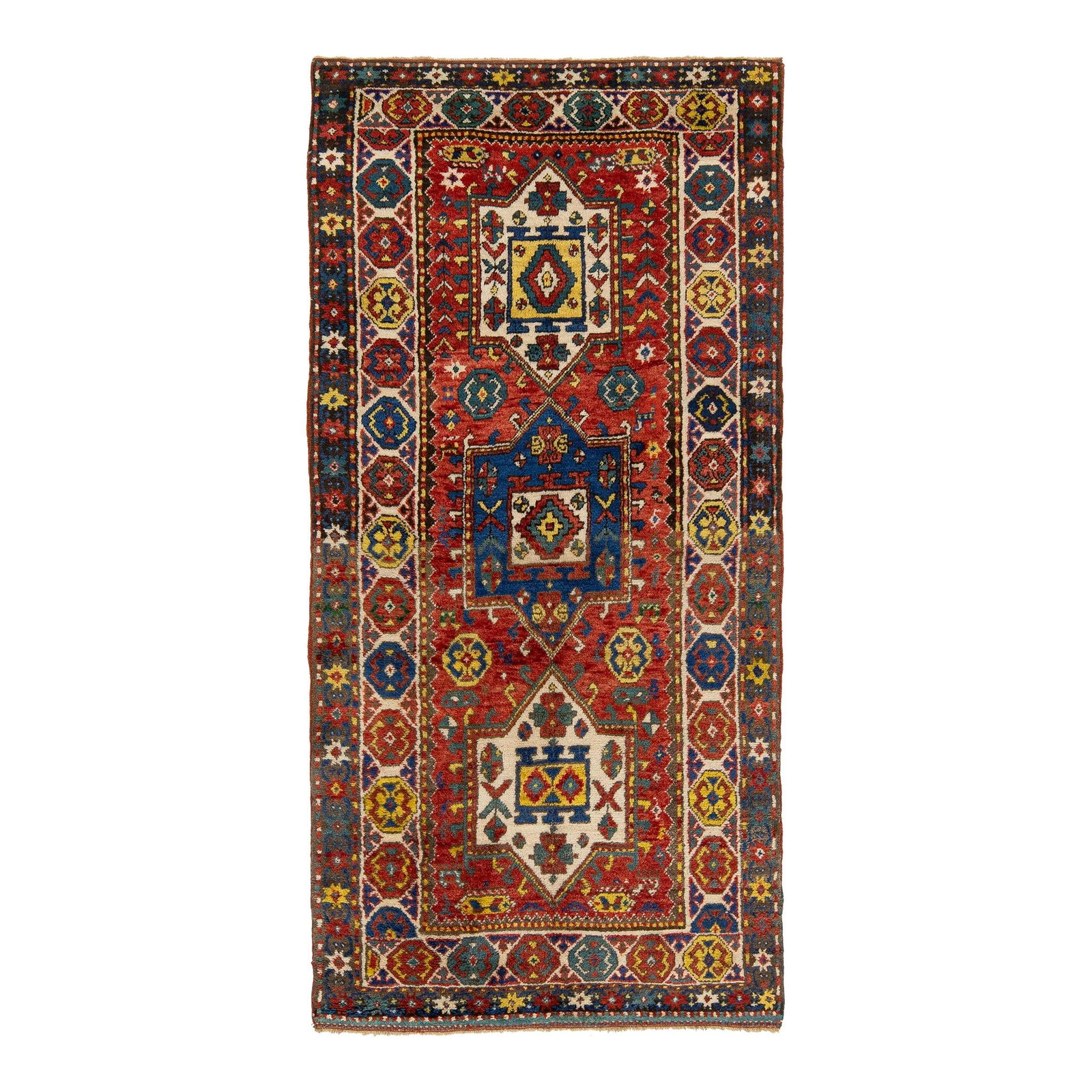 Vibrant Red Kazak Wool Runner 3'4 x 6'10 Geometric Design: Vibrant Red Kazak Wool Runner 3'4 x 6'10 Geometric Design Experience the charm of this handcrafted Kazak wool runner, featuring a vibrant red palette beautifully complemented by delicate blue, yellow,