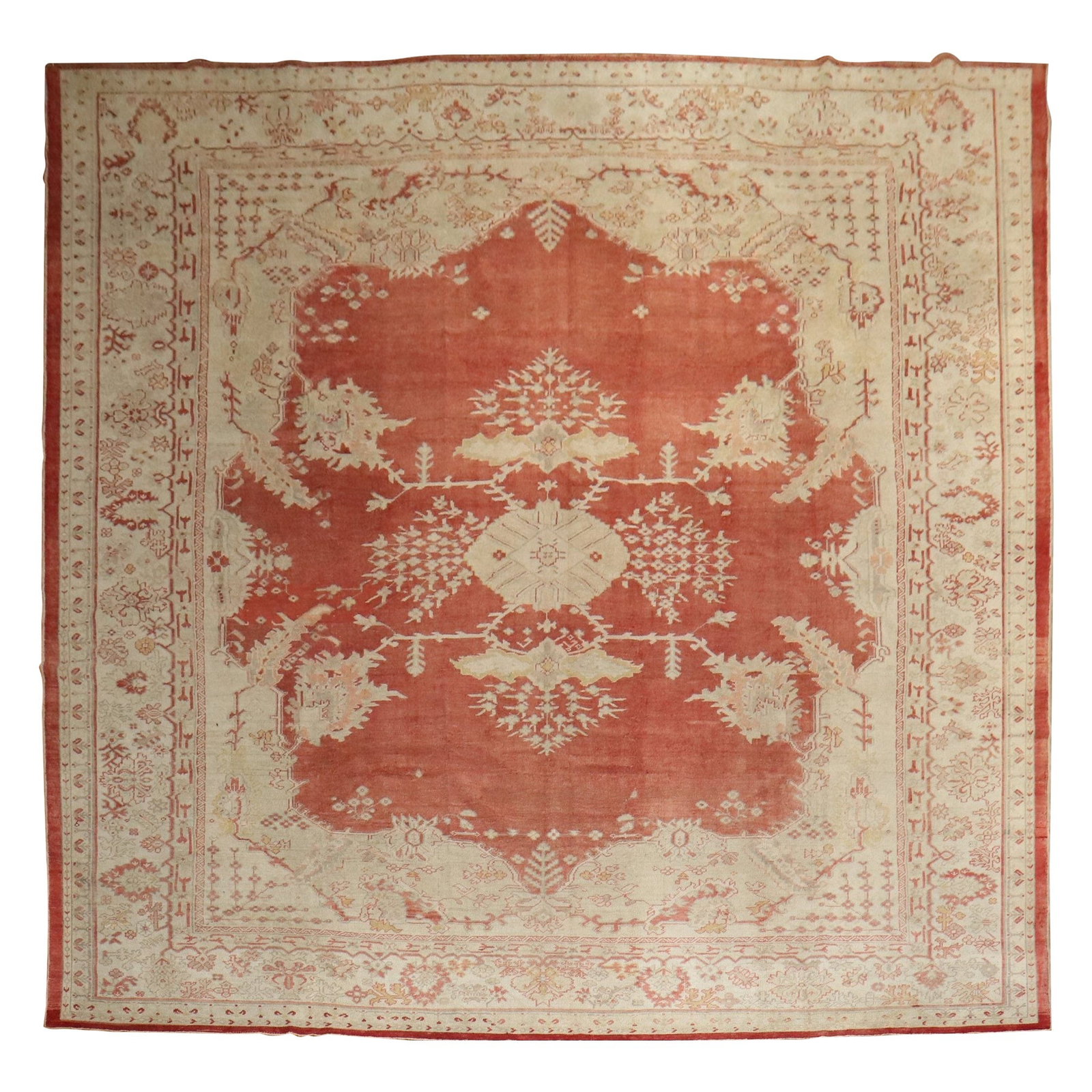 Zabihi Collection Antique Oushak Rug 12'4" x 14'1" Turkish Wool Hand-Woven: Zabihi Collection Antique Oushak Rug 12'4" x 14'1" Turkish Wool Hand-Woven Discover the exquisite beauty of this large square antique Oushak rug from the Zabihi Collection. Hand-woven from high-qualit