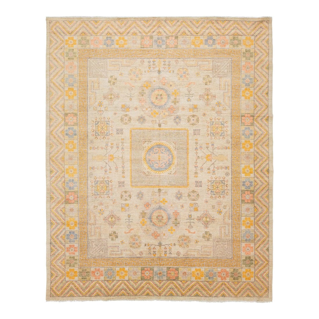 11'9 x 14'7 hand-knotted wool area rug with geometric medallion and pastel accents: 11'9 x 14'7 hand-knotted wool area rug with geometric medallion and pastel accents This Modern Khotan Style hand-knotted wool rug features a sophisticated palette of sand, goldenrod, slate blue, and s
