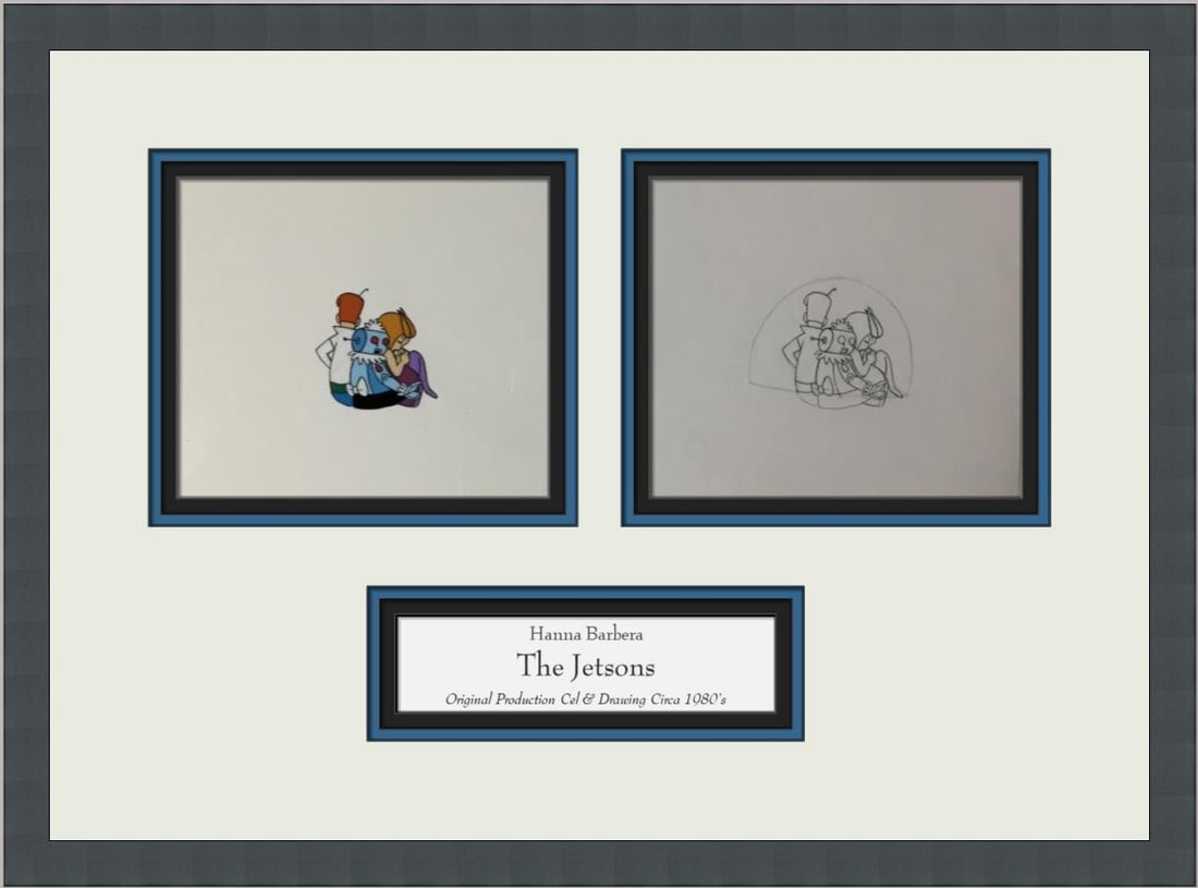 The Jetsons Hand Painted Animation Cel Framed 1980s Hanna-Barbera: The Jetsons Hand Painted Animation Cel Framed 1980s Hanna-Barbera This stunning hand-painted animation production cel features iconic characters from 'The Jetsons', including George Jetson, Jane Jetso