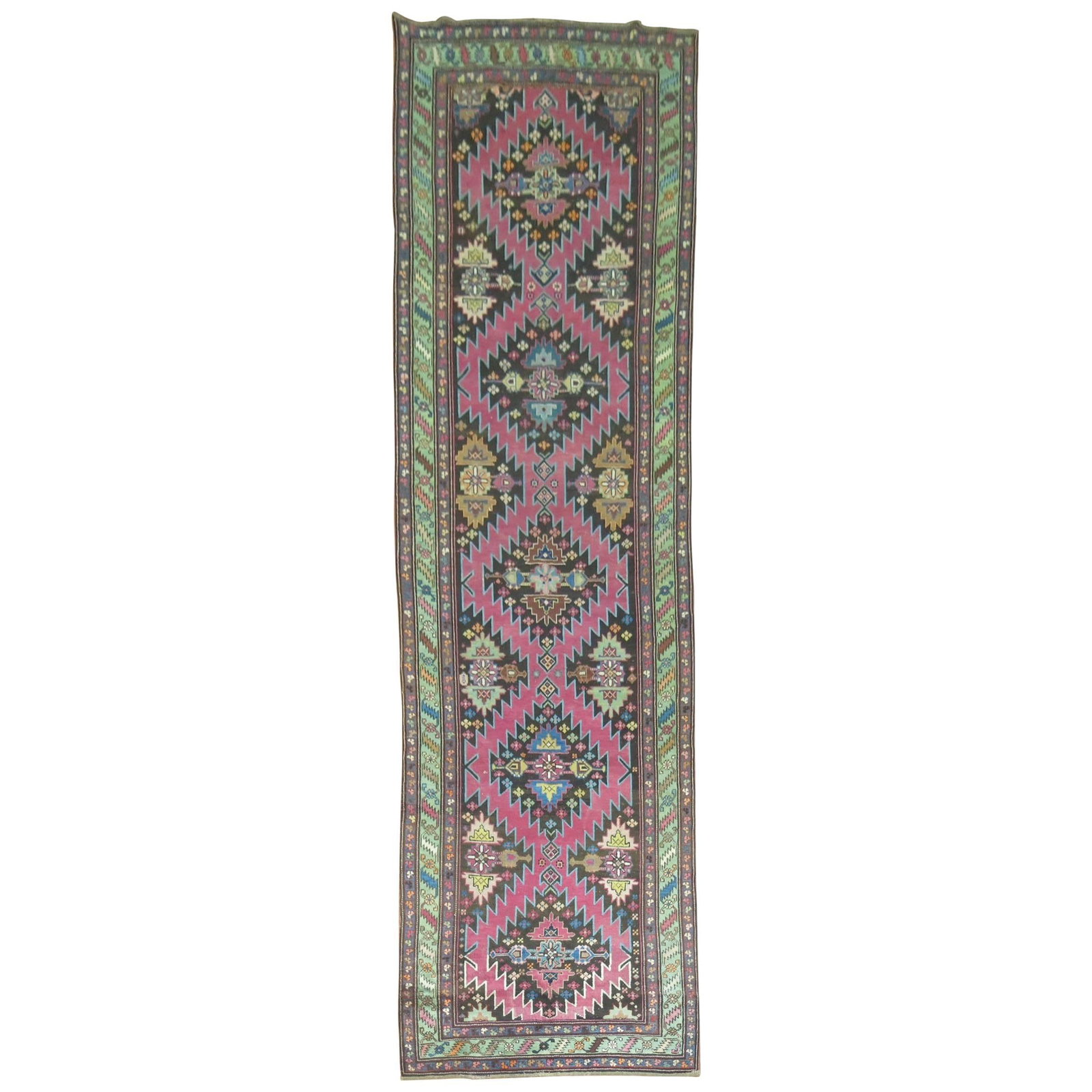 Karabagh Wool Runner Pink Chartreuse Brown Ground 3'10 x 12'9 (1 of 7)