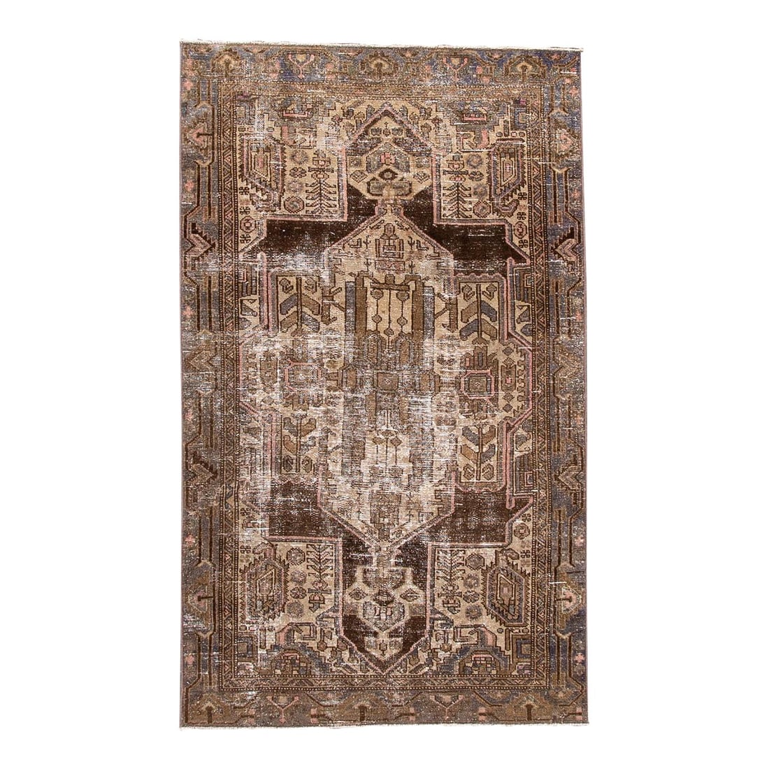Vintage Persian Handmade Wool Rug Brown Geometric Design 3'10 x 6'4: Vintage Persian Handmade Wool Rug Brown Geometric Design 3'10 x 6'4 Enhance your living space with this exquisite Vintage Persian Distressed handmade wool rug. Featuring a rich brown field adorned wit