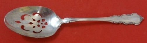 Oneida Martinique Sterling Silver Pierced Serving Spoon with Flowers 8 1/4": Oneida Martinique Sterling Silver Pierced Serving Spoon with Flowers 8 1/4" Sterling silver serving spoon in the Martinique pattern by Oneida. It features a pierced bowl with floral decoration, is not