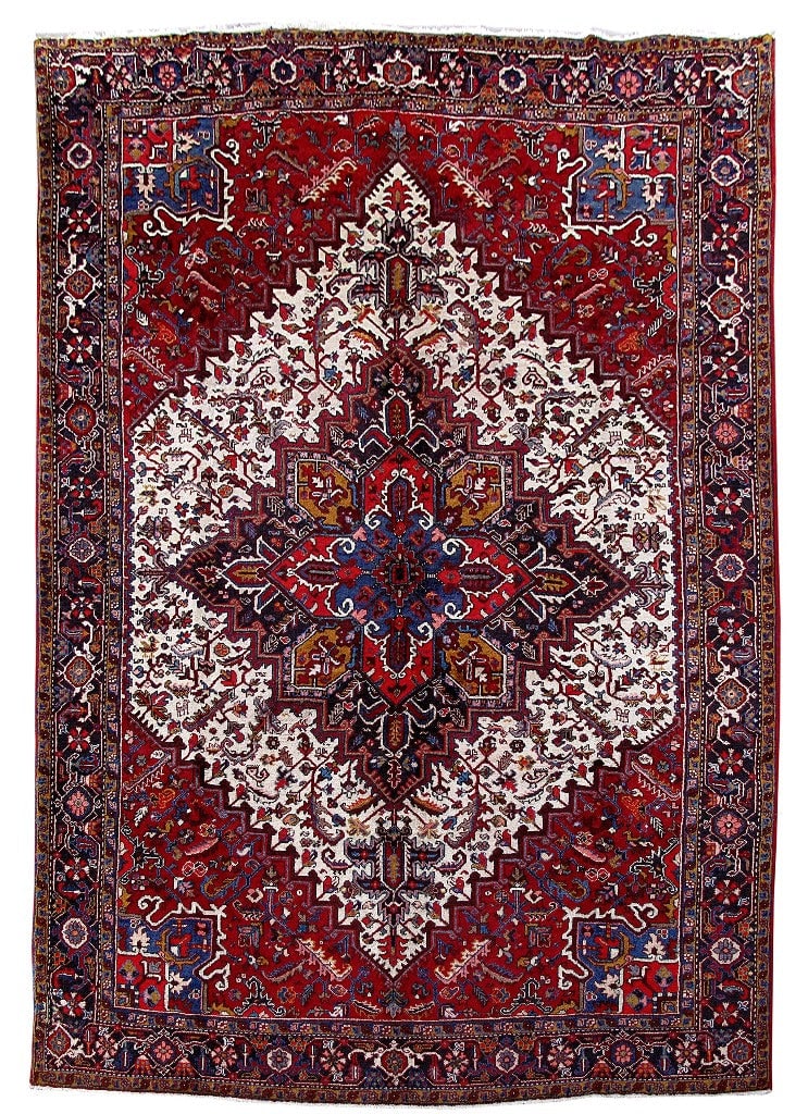 Persian Heriz Rug 7'9 x 10'8 Ivory Handcrafted Silk-Like Pile: Persian Heriz Rug 7'9 x 10'8 Ivory Handcrafted Silk-Like Pile Free continental US Shipping Elevate your living space with this exquisite handcrafted Red Persian Heriz Rug, designed by skilled Persian 