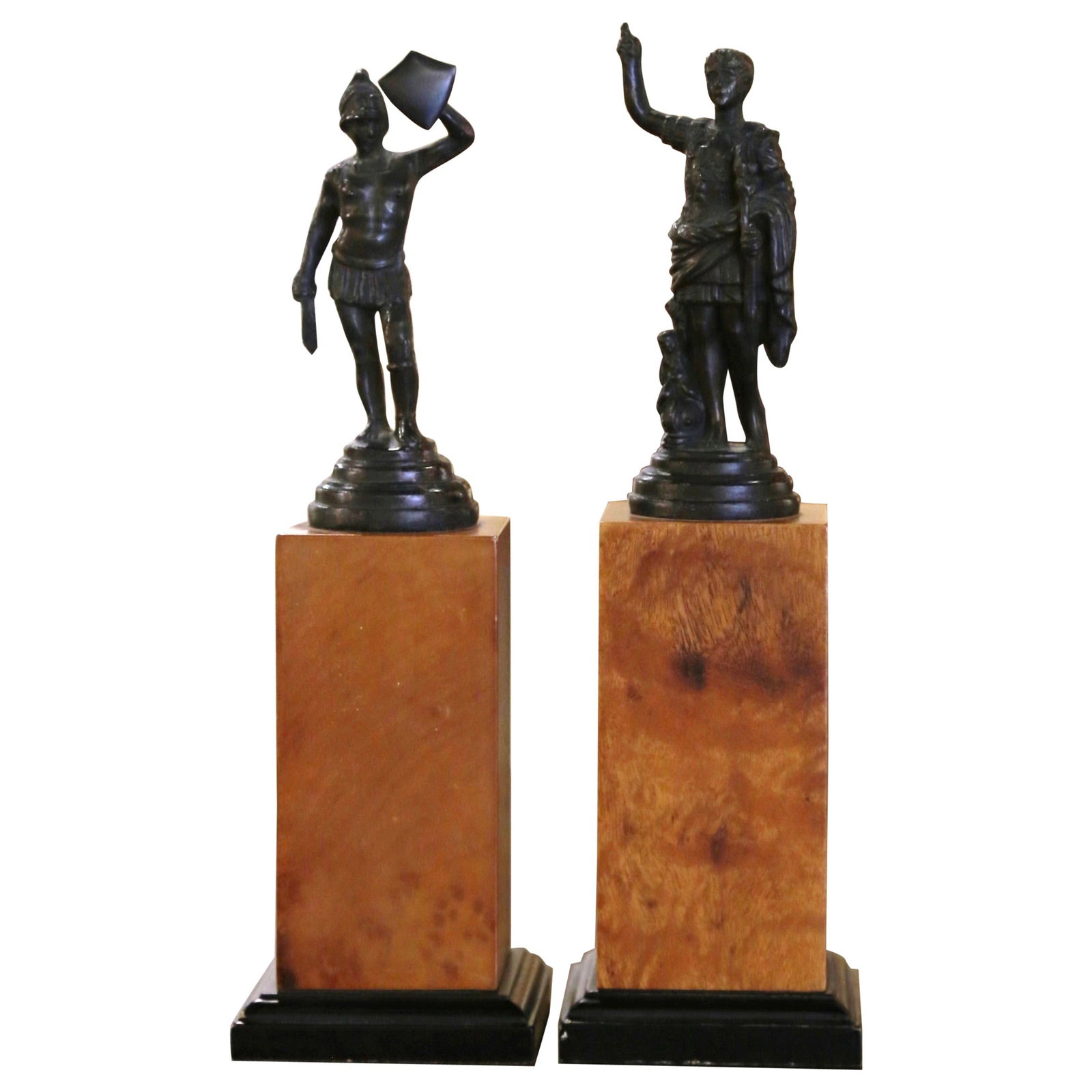 Set of 2 Late 20th Century Bronze Neoclassical Statues on Wooden Bases: Set of 2 Late 20th Century Bronze Neoclassical Statues on Wooden Bases Enhance your office or library with this exquisite pair of late 20th-century bronze statues, beautifully mounted on hand-crafted 