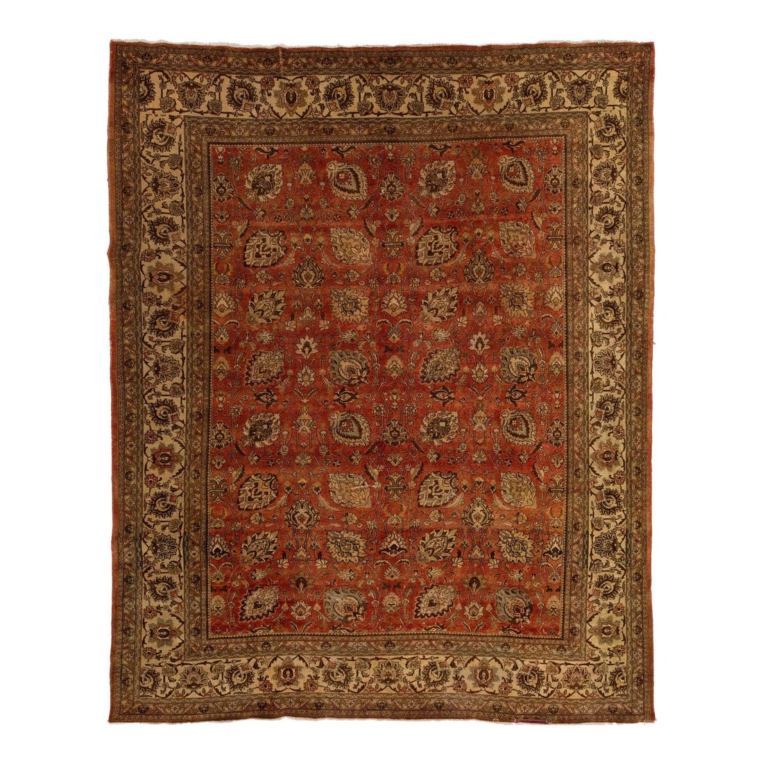 Antique Tabriz Persian Wool Rug 11' x 14' Handmade Burnt Orange: Antique Tabriz Persian Wool Rug 11' x 14' Handmade Burnt Orange Discover the elegance of this beautiful antique Tabriz hand-knotted wool rug, showcasing a vibrant burnt orange field. The rug is adorne