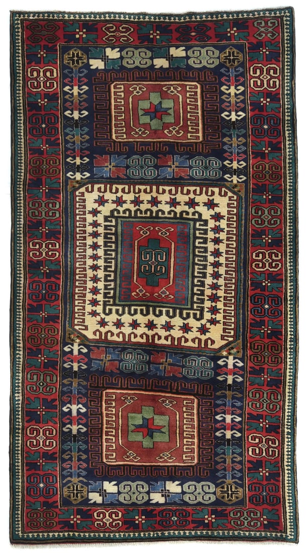 Wool Vintage Tribal Geometric Runner Rug 5'4 x 9'9: Wool Vintage Tribal Geometric Runner Rug 5'4 x 9'9 Enhance your living space with this stunning hand-knotted geometric design kitchen runner rug. Measuring 5'4" x 9'9" (approx. 117" x 64"), this vinta