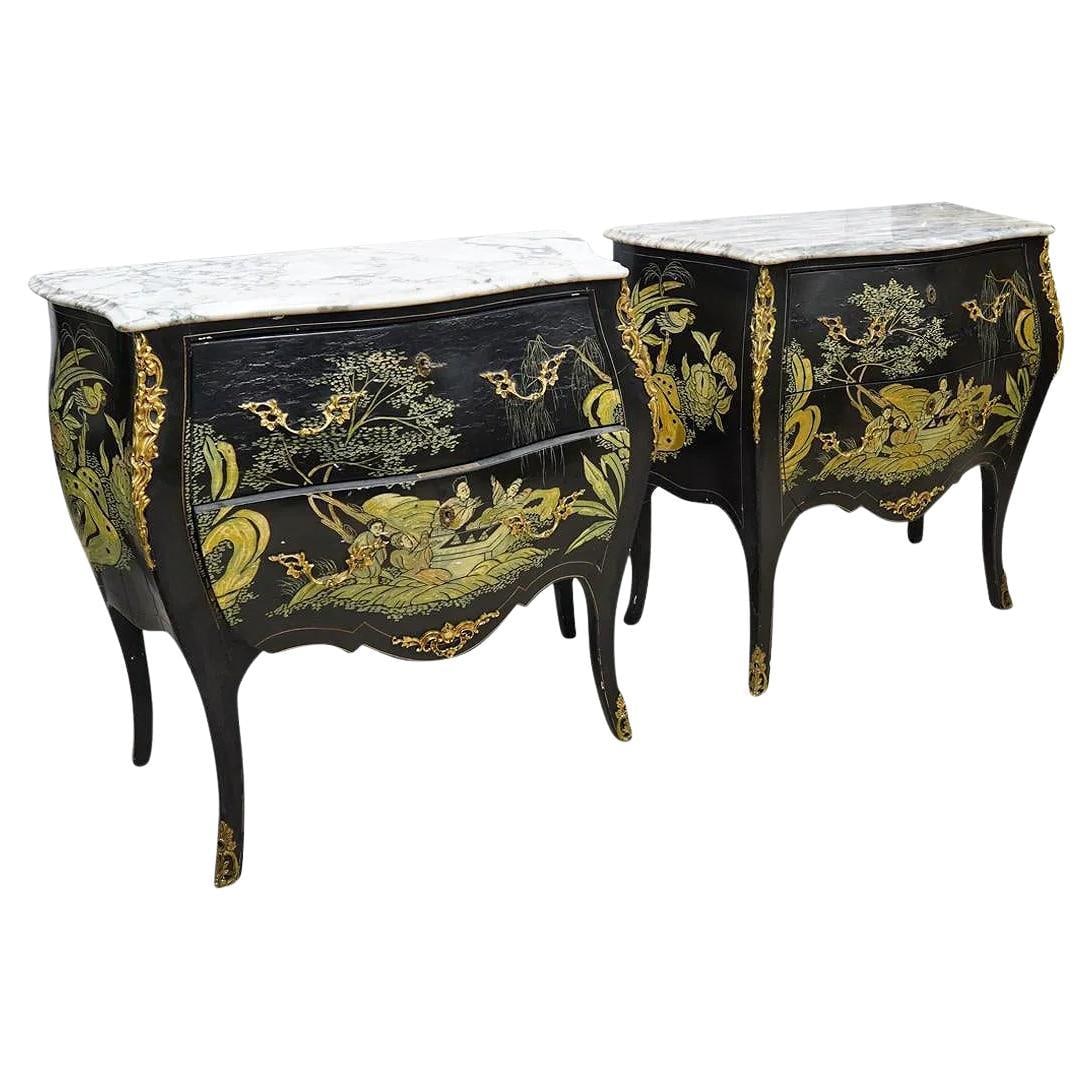 Set of 2 French Marble Top Chinoiserie Bombe Commodes with Hand-Painted Designs: Set of 2 French Marble Top Chinoiserie Bombe Commodes with Hand-Painted Designs This pair of petite vintage French chinoiserie marble top commodes features bombe-shaped bodies in the Louis XV/XVI styl
