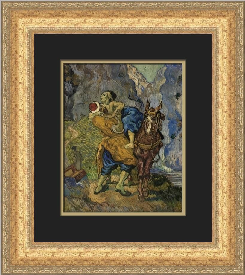 Vincent Van Gogh The Good Samaritan Custom Framed Art Print: Vincent Van Gogh The Good Samaritan Custom Framed Art Print This stunning custom framed print features Vincent Van Gogh's masterpiece, "The Good Samaritan." Measuring 19" x 17" overall, this medium-si