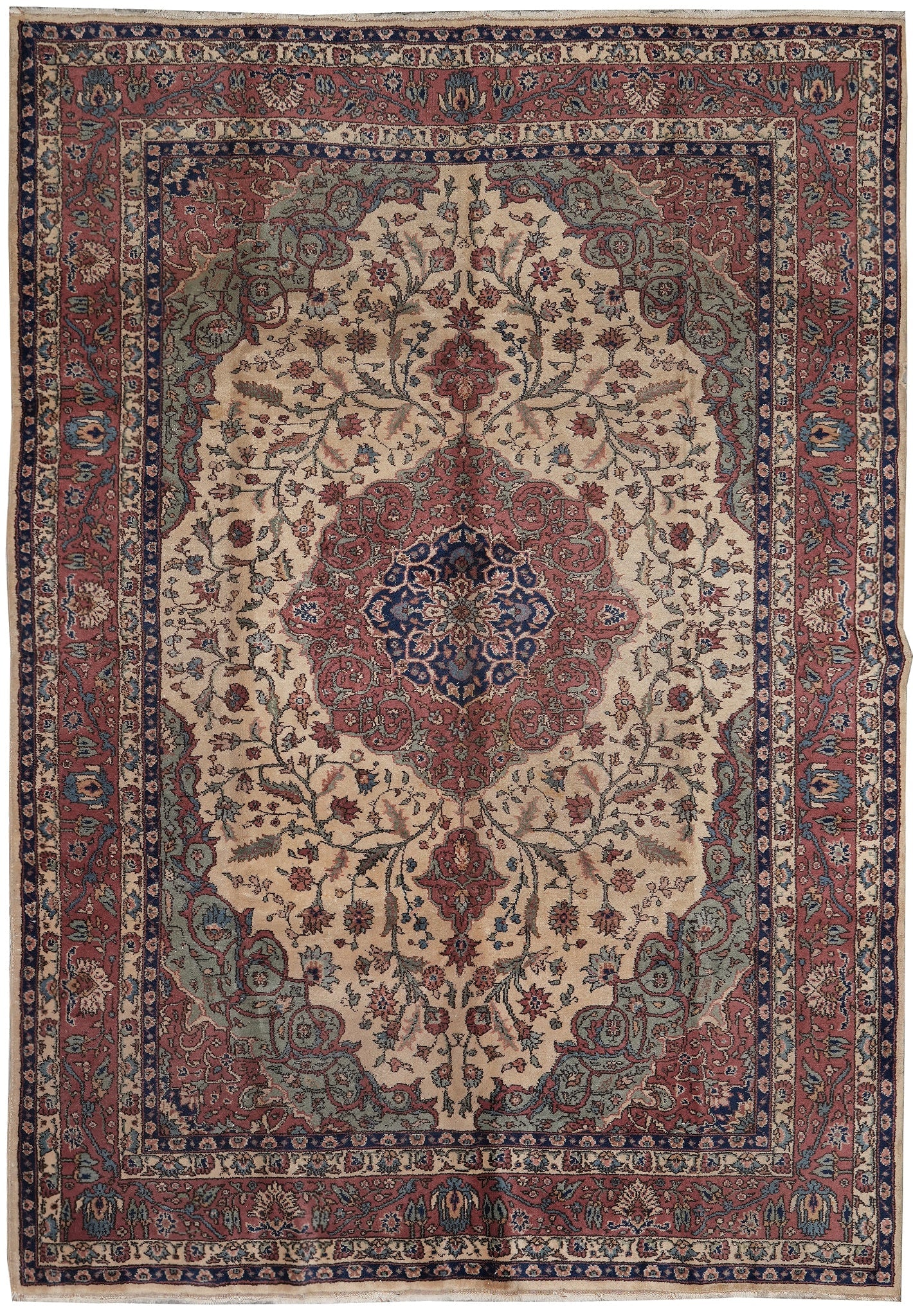 7.5 x 10.6 Turkish Tabriz Rug Ivory Rust Medallion Hand-Knotted Wool 1950s: 7.5 x 10.6 Turkish Tabriz Rug Ivory Rust Medallion Hand-Knotted Wool 1950s Free continental US Shipping Vintage Turkish Tabriz rug from the 1950s featuring an ivory central medallion on a warm rust-re