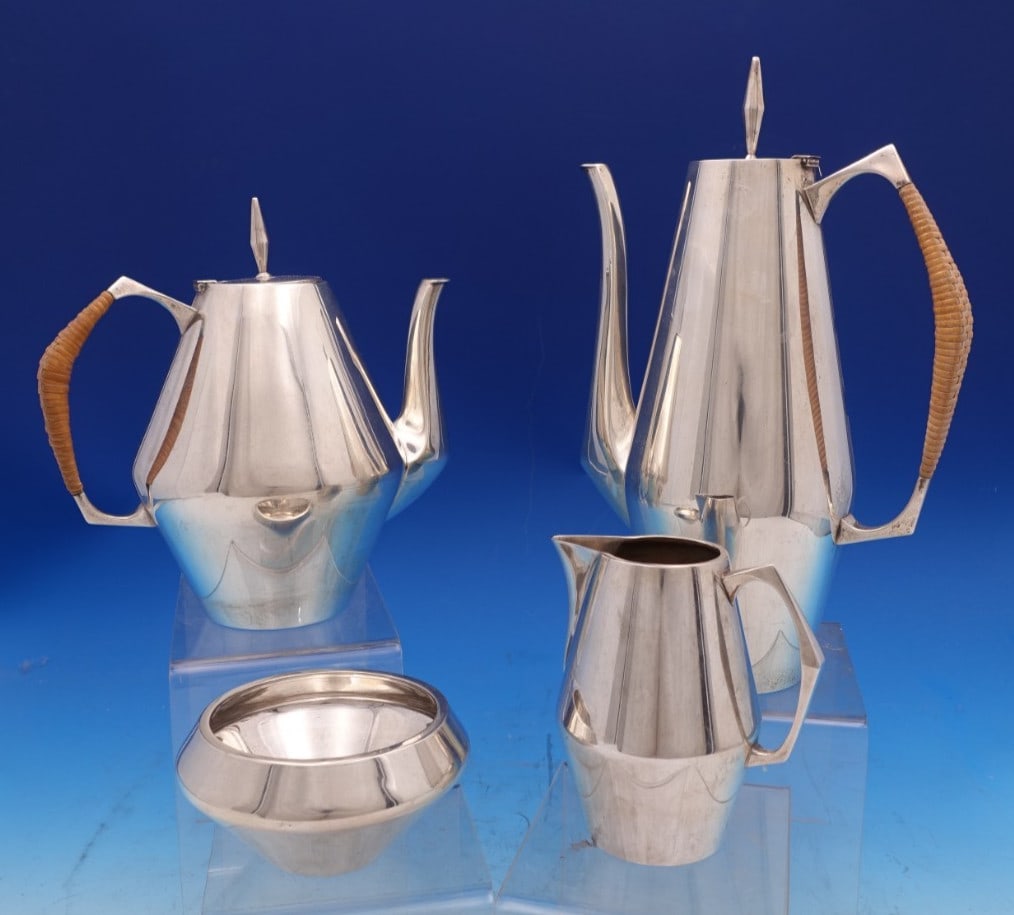 Mid-Century Modern Sterling Silver Diamond Tea Set with Rattan Handles 4 Pieces (1 of 18)