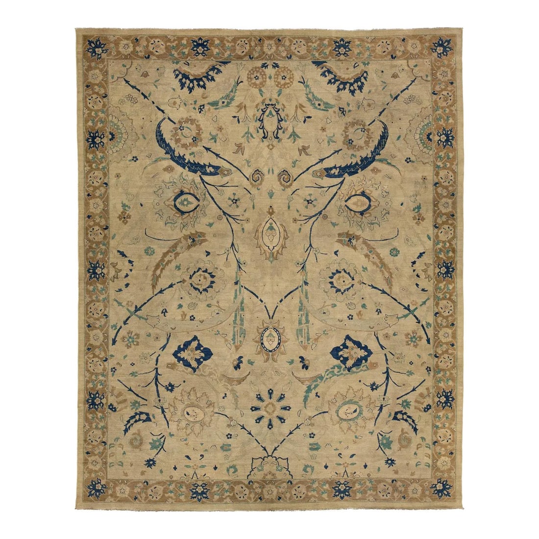 11'9 x 14'8 Wool Rug With Persian Motifs and Indigo Highlights: 11'9 x 14'8 Wool Rug With Persian Motifs and Indigo Highlights This vintage Tabriz style wool area rug showcases traditional Persian artistry with a sophisticated sandy beige field, stylized palmettes