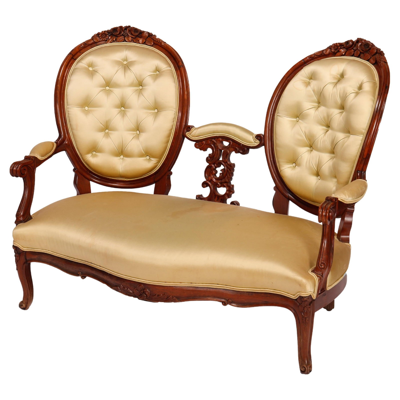 Antique Renaissance Revival Rosewood Settee C1880 with Carved Medallions: Antique Renaissance Revival Rosewood Settee C1880 with Carved Medallions This exquisite antique Renaissance Revival settee, dating back to circa 1880, features a beautifully carved rosewood constructi