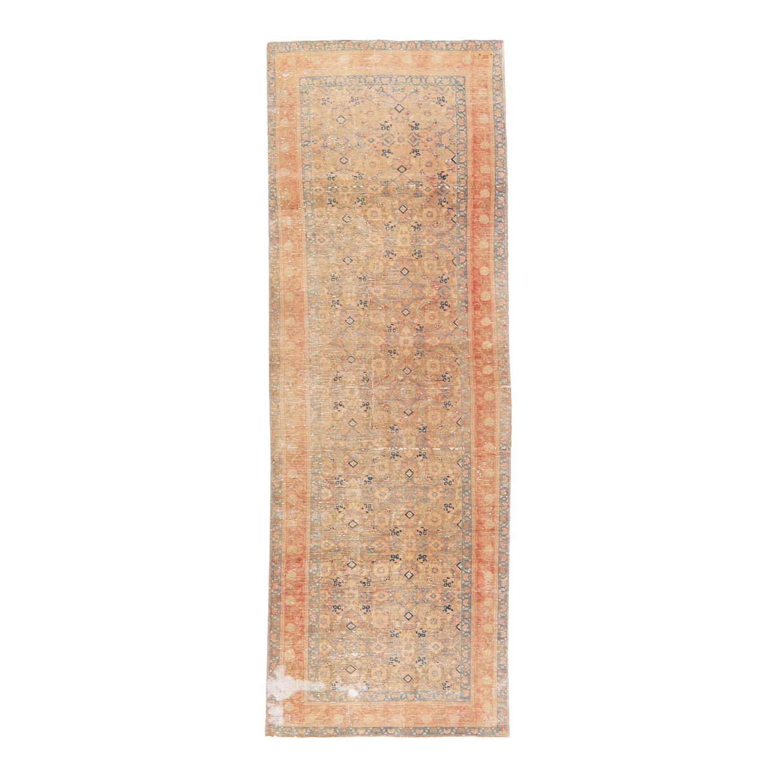 1960s Handmade Floral Wool Runner 3'5 x 10'2 Blue Peach Accents: 1960s Handmade Floral Wool Runner 3'5 x 10'2 Blue Peach Accents This stunning 1960s vintage hand-knotted wool runner features a captivating blue field adorned with peach and tan accents, creating a be