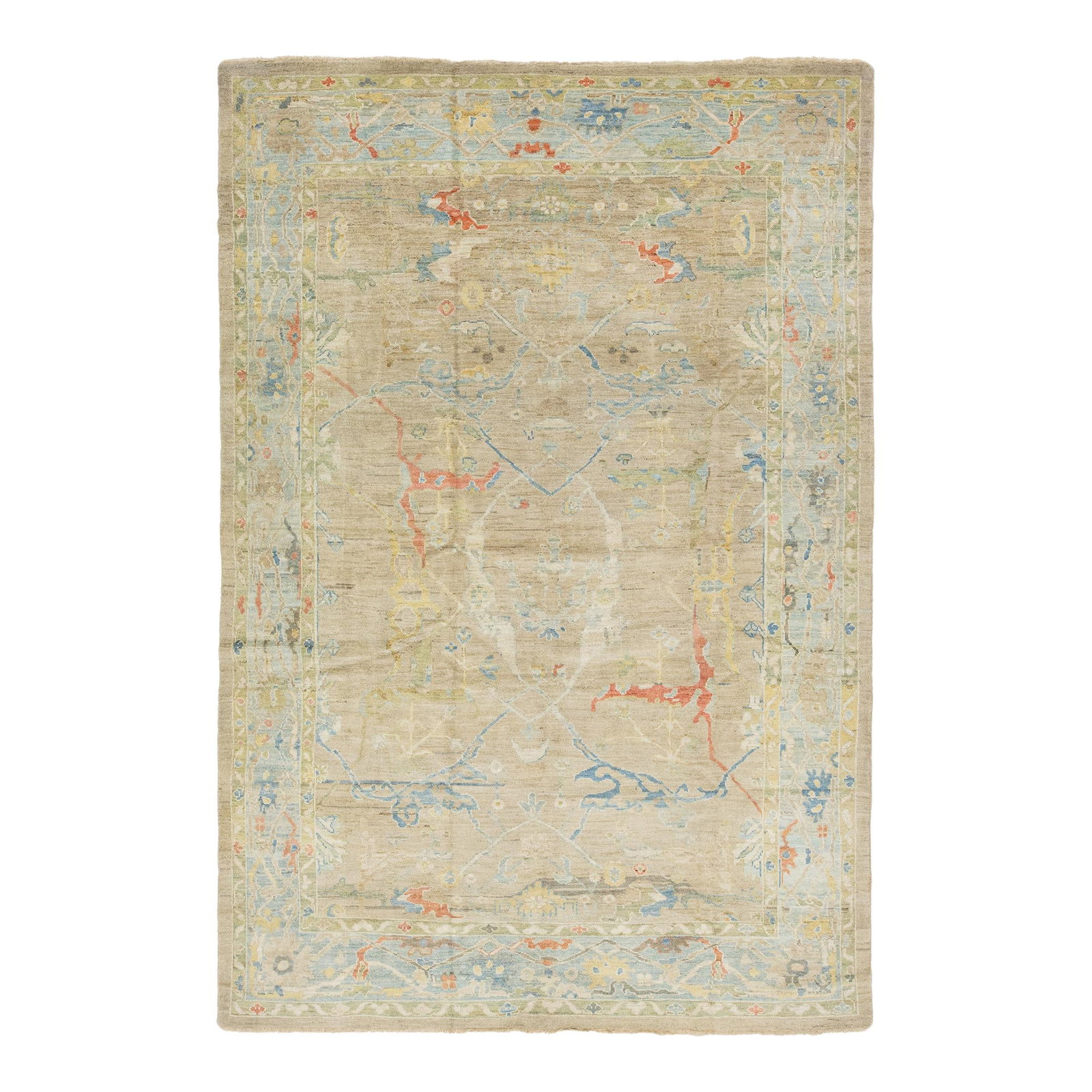 Handmade Sultanabad Wool Rug 8'2 x 12'1 Light Brown: Handmade Sultanabad Wool Rug 8'2 x 12'1 Light Brown Elevate your space with this stunning hand-knotted wool rug featuring a light brown backdrop and a vibrant blue frame. The rug is beautifully adorne
