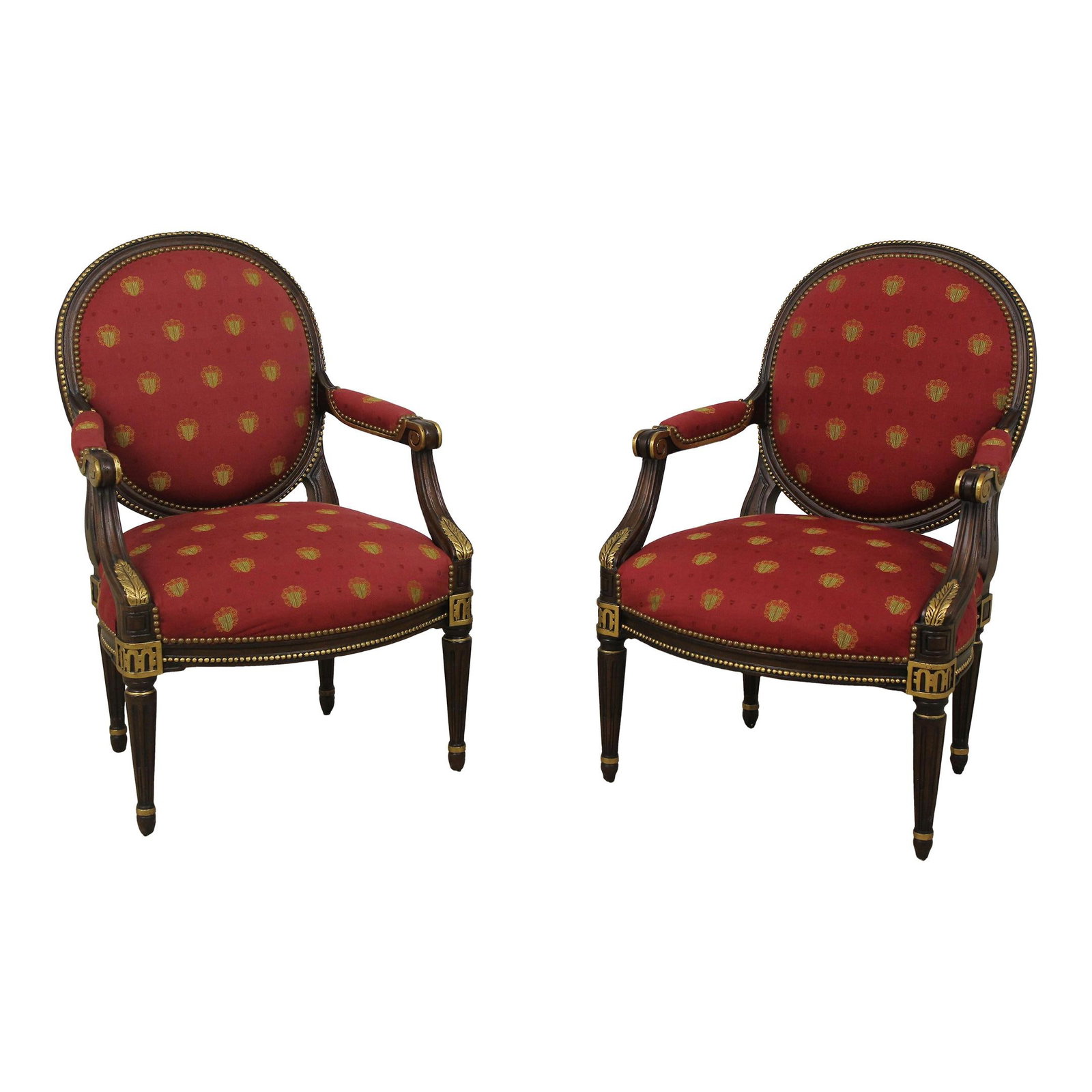 Pair of Ej Victor French Louis XVI Medallion Back Armchairs in Mahogany: Pair of Ej Victor French Louis XVI Medallion Back Armchairs in Mahogany This exquisite pair of French Louis XVI medallion back armchairs showcases timeless elegance and sophisticated craftsmanship. Co