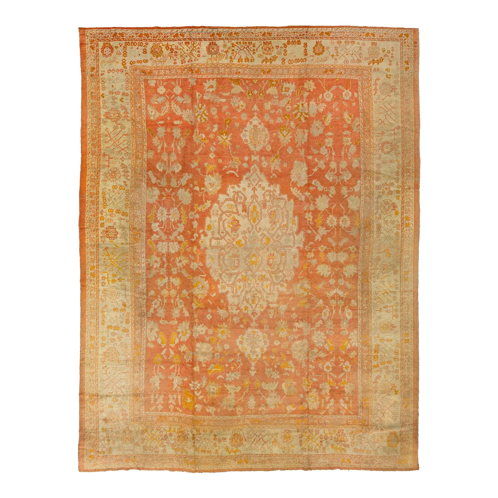 1880s Hand-Knotted Turkish Oushak Wool Rug Orange Medallion 13'5 x 17'4: 1880s Hand-Knotted Turkish Oushak Wool Rug Orange Medallion 13'5 x 17'4 This stunning antique Turkish Oushak rug features a vibrant light orange field and an elegant ivory border adorned with a floral