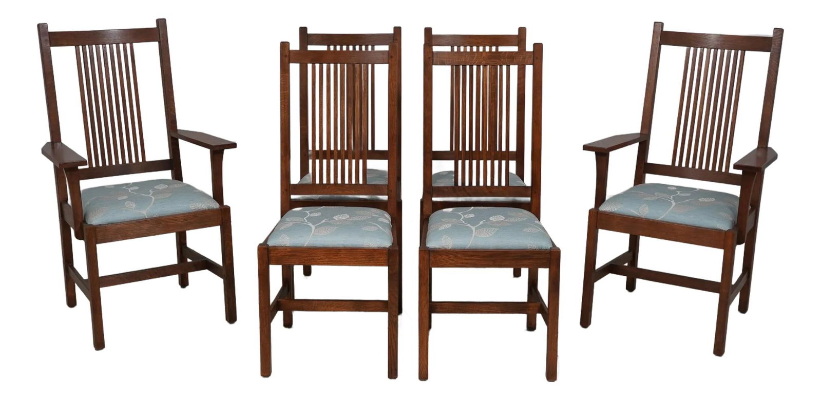 Set of 6 Stickley Mission Oak Prairie Chairs Arts & Crafts Style: Set of 6 Stickley Mission Oak Prairie Chairs Arts & Crafts Style Enhance your dining experience with this exquisite set of 6 Stickley Mission Oak Prairie Dining Room Chairs. Crafted around 1999, these