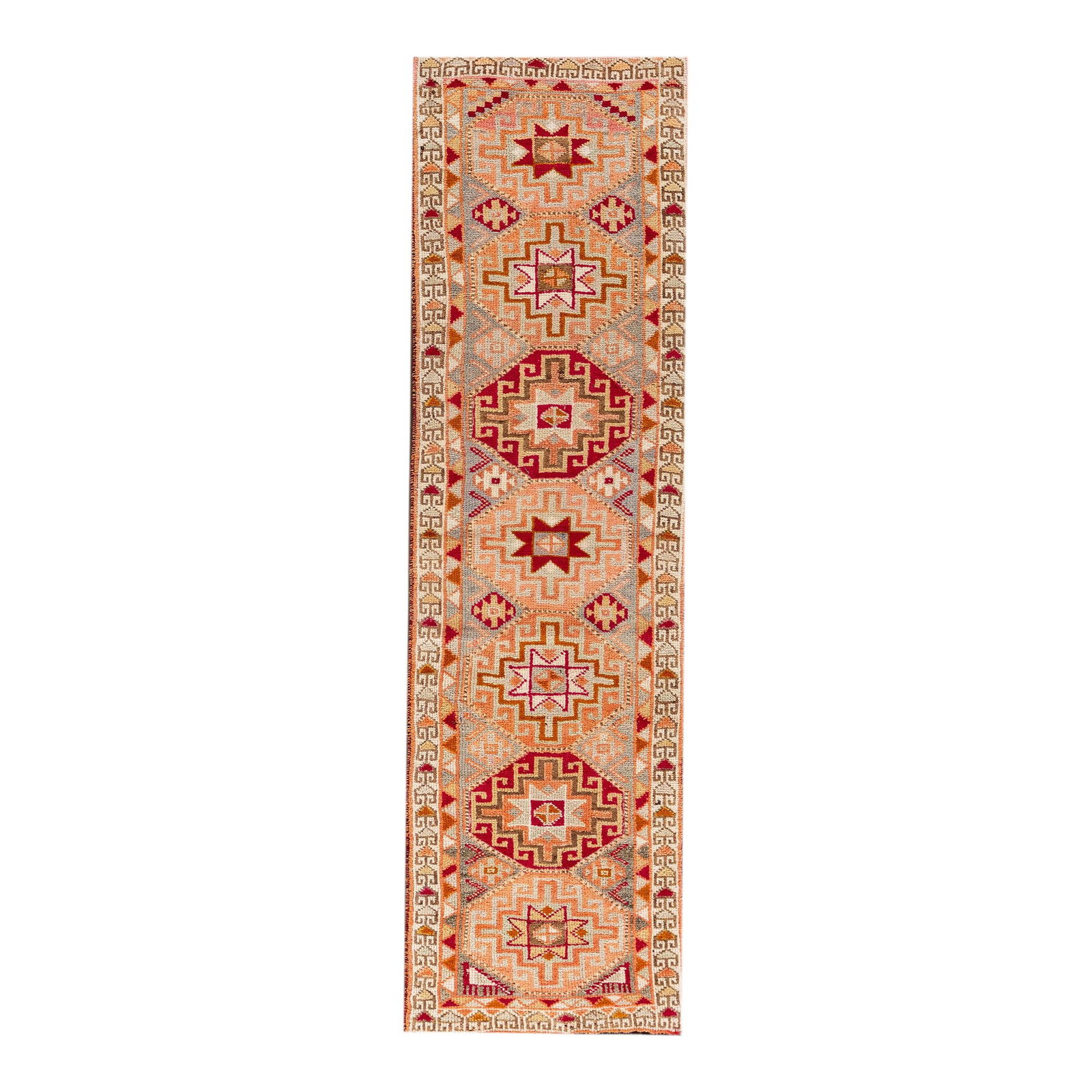 Vintage Turkish Wool Runner Orange Tribal Geometric Design 3'1 x 10'11: Vintage Turkish Wool Runner Orange Tribal Geometric Design 3'1 x 10'11 This Vintage Turkish Anatolian runner showcases a stunning all-over geometric tribal design in vibrant orange, complemented by gr