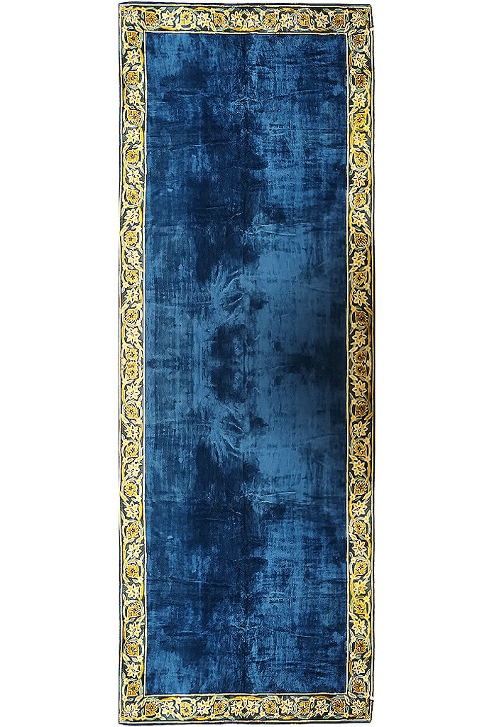 Grand 11' x 30' Hand-Knotted French Area Rug in Blue Gold Plain Field: Grand 11' x 30' Hand-Knotted French Area Rug in Blue Gold Plain Field Free continental US Shipping Elevate your living space with the 11' x 30' Unique Size French Rug, a stunning embodiment of timeles