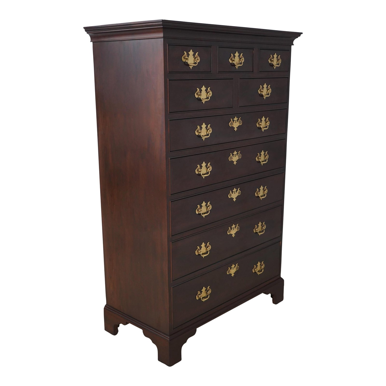 Stickley Cherry Wood Chippendale High Chest with 10 Drawers: Stickley Cherry Wood Chippendale High Chest with 10 Drawers This Stickley 10 Drawer Cherry Chippendale High Chest, crafted around 1989, features exquisite dovetailed drawer construction and high-quali