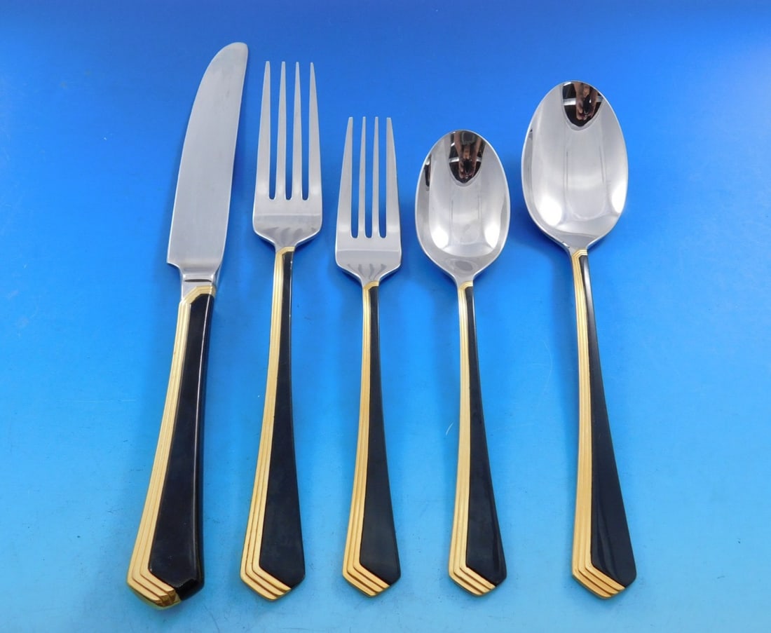Yamazaki Ramona 40 Piece Art Deco Flatware Set with Gold Accents: Yamazaki Ramona 40 Piece Art Deco Flatware Set with Gold Accents Elevate your dining experience with this stunning 40-piece flatware service set from Yamazaki, featuring the elegant Ramona pattern. Cr