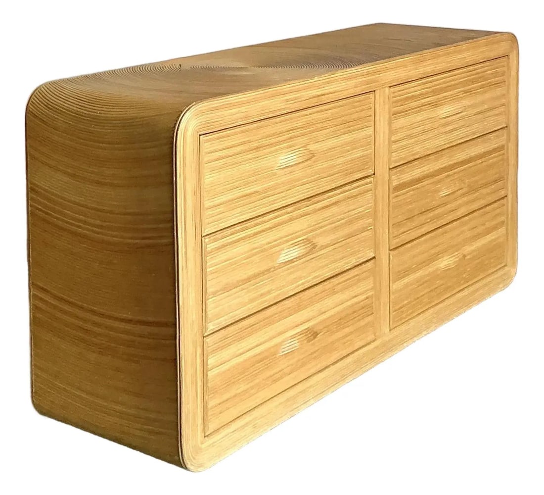 Pencil Reed Rattan Waterfall Six-Drawer Bohemian Dresser: Pencil Reed Rattan Waterfall Six-Drawer Bohemian Dresser This vintage dresser features the iconic "waterfall" design, crafted entirely from tightly wrapped pencil reed rattan. Its seamless, finely tex