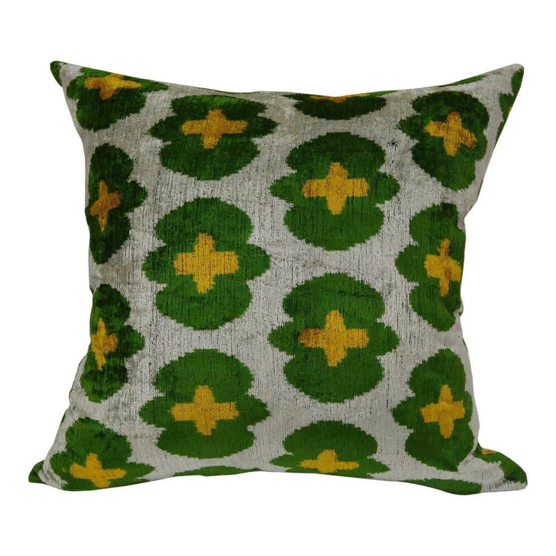 Green Silk Ikat Velvet Square Pillow With Linen Backing and Feather Insert: Green Silk Ikat Velvet Square Pillow With Linen Backing and Feather Insert This hand-made square pillow cushion features a silk Uzbek Ikat velvet front with a natural linen backing and a hidden zipper