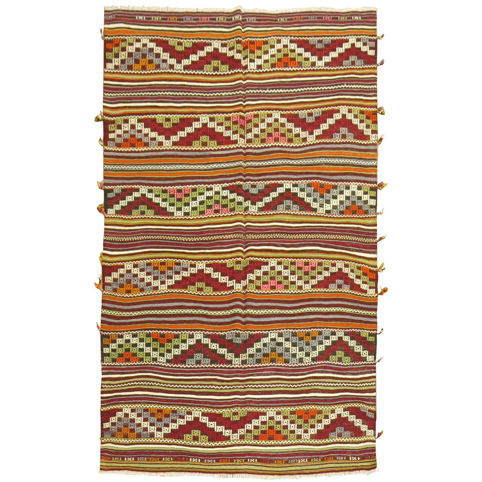 Midcentury Turkish wool hand woven Jajim kilim rug 4'11 x 7'4: Midcentury Turkish wool hand woven Jajim kilim rug 4'11 x 7'4 This vintage Turkish Jajim flat-weave rug features a colorful design crafted using the traditional Jijim weaving technique. Hand-woven fro
