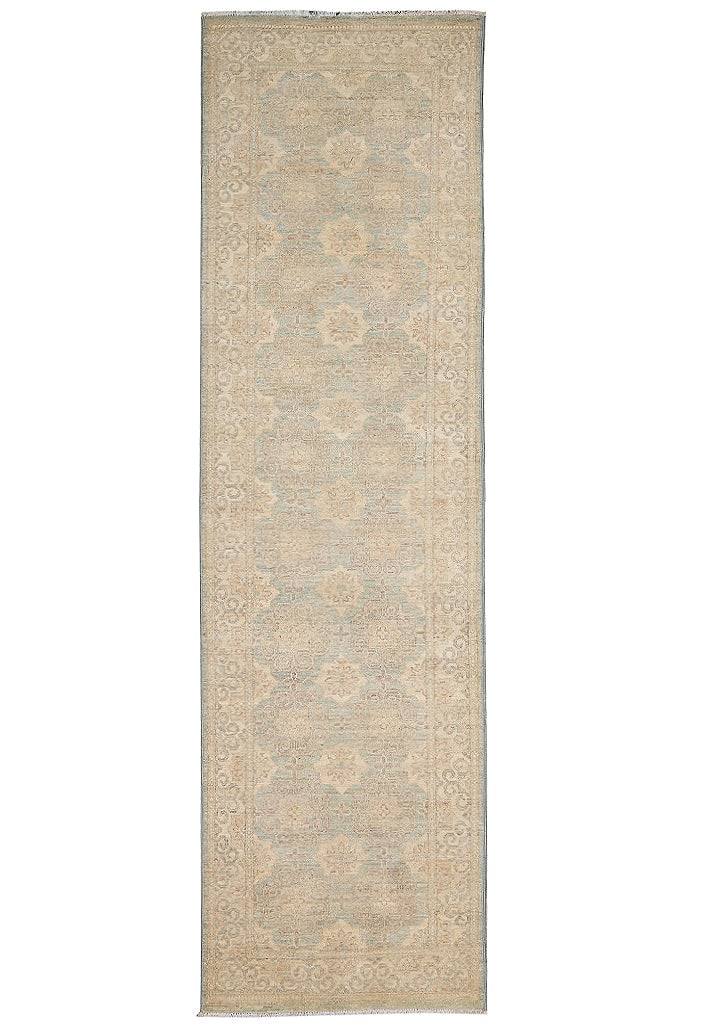 2.9 x 10' Light Green Washed Color Hand Knotted Wool Runner: 2.9 x 10' Light Green Washed Color Hand Knotted Wool Runner Free continental US Shipping This handmade runner measures 2.9 x 10 feet and features a light green washed-color palette with muted beige, i