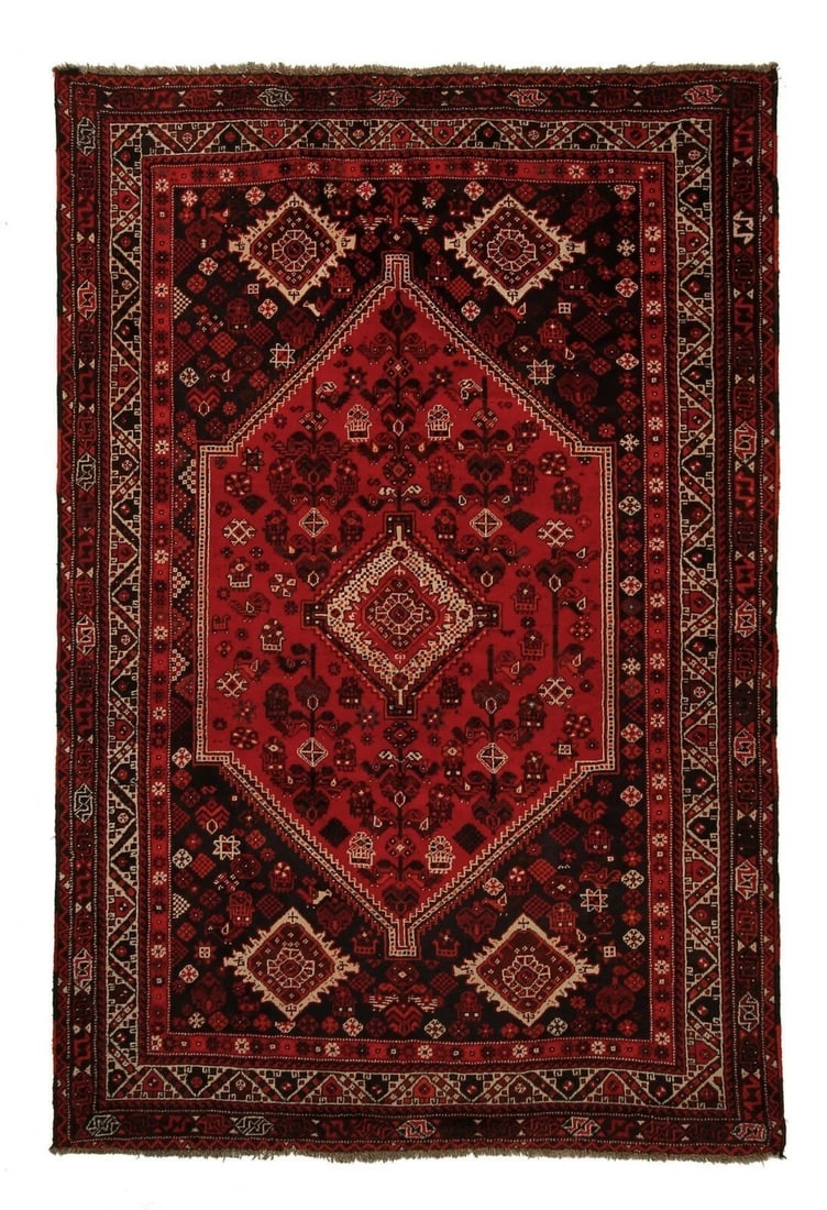 Vintage Tribal Geometric Wool Area Rug 7x10 204cm x 300cm: Vintage Tribal Geometric Wool Area Rug 7x10 204cm x 300cm This rare vintage Persian Shiraz rug features a striking tribal geometric medallion design with bold red, black, ivory, and dark brown colors.