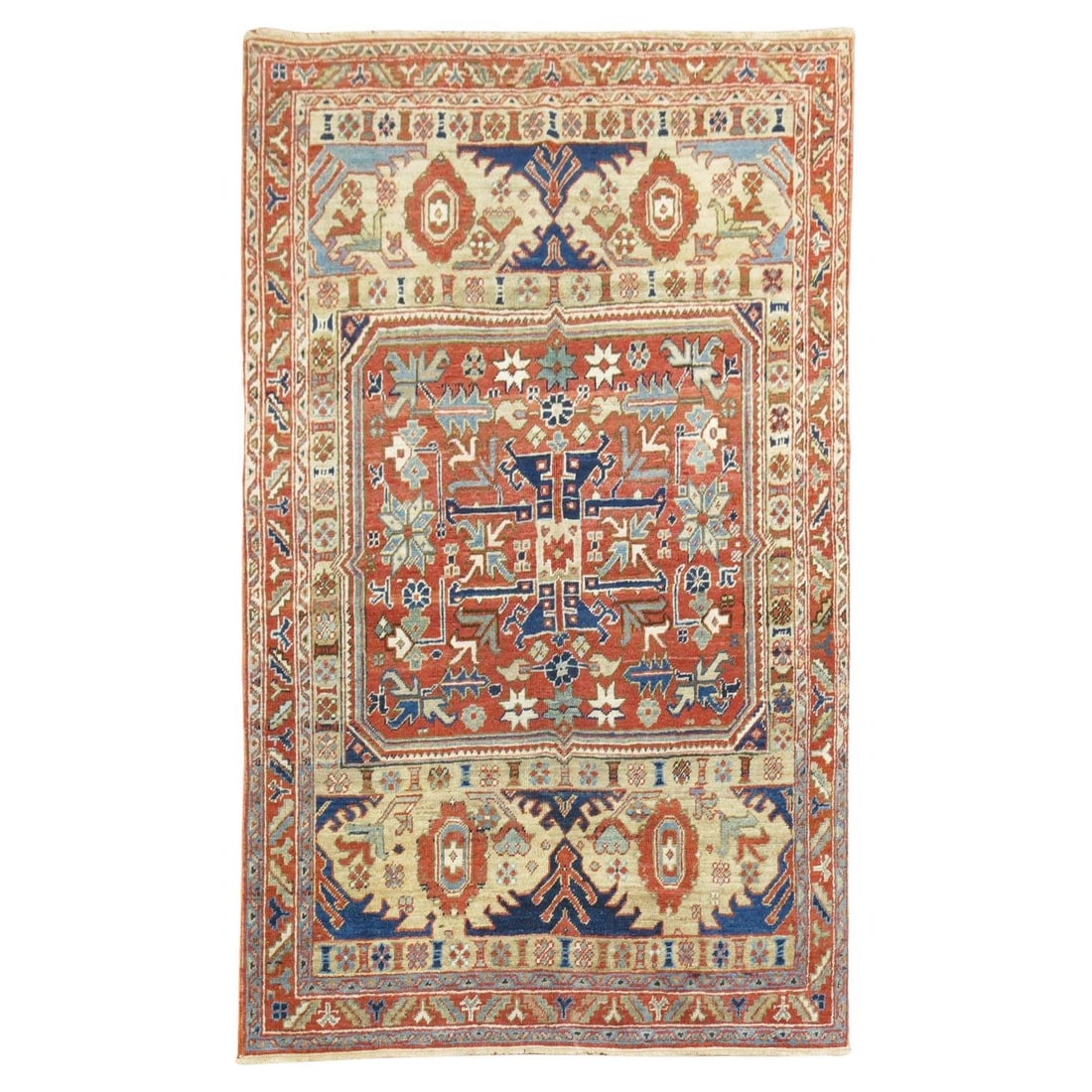 Vintage Persian Heriz Hand-Woven Wool Accent Rug 1920s: Vintage Persian Heriz Hand-Woven Wool Accent Rug 1920s This exquisite Persian Heriz Accent Rug features a unique non-traditional design rendered in rustic tones, adding a touch of elegance to any spac