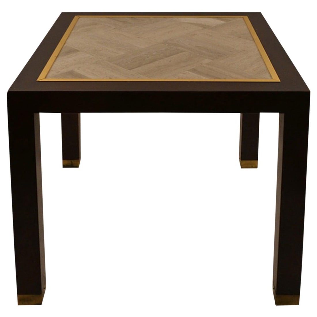 Square End Table with Parquetry Marble Top and Gold Trim: Square End Table with Parquetry Marble Top and Gold Trim This elegant square end table features a stunning parquetry travertine marble top, beautifully framed by gold laminate trim. The solid hardwood